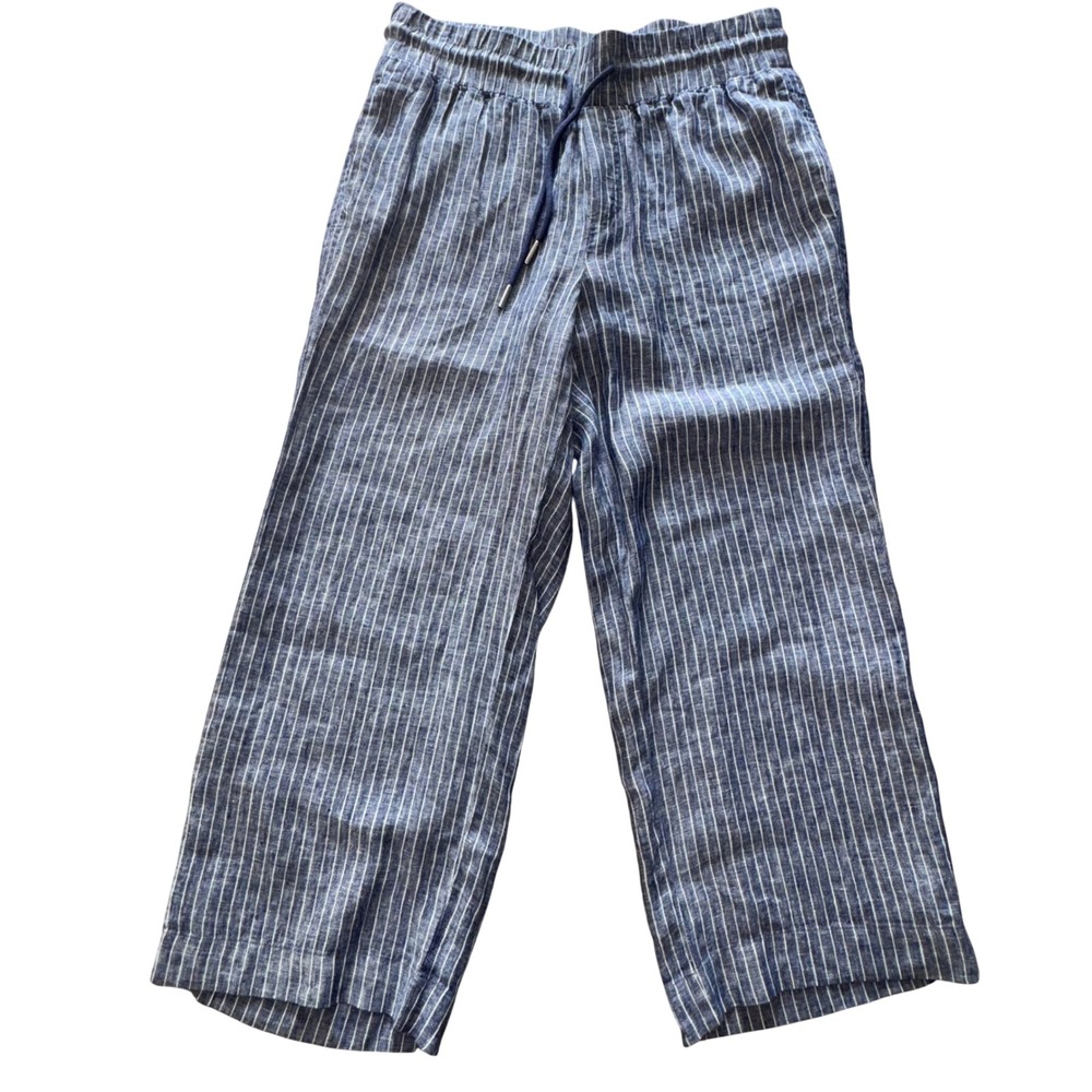 Quince Linen Wide Leg Pants Women Large Blue White Striped Drawstring Coastal - Picture 3 of 6